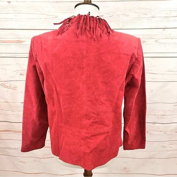 Vintage 90’s Boho Red Leather Suede Frontier Western Fringe Jacket - Picture 4 of 9